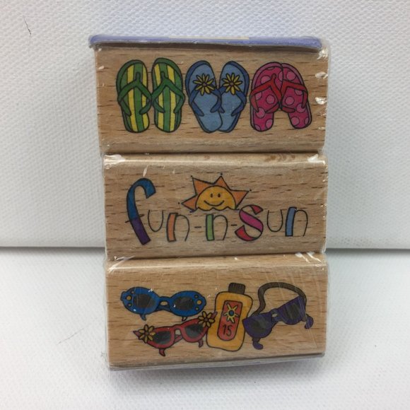 Stamp Craft Fun N Sun Summer Flip Flop Sunglasses Sunscreen Set 3 Rubber - Picture 1 of 5